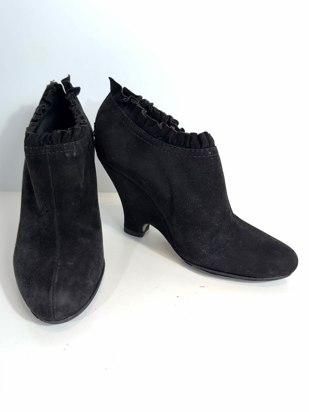 Miu Miu Black Suede Ruffle Trim Sculpted Wedge Ankle Boots EU 36.5 / US 6.5